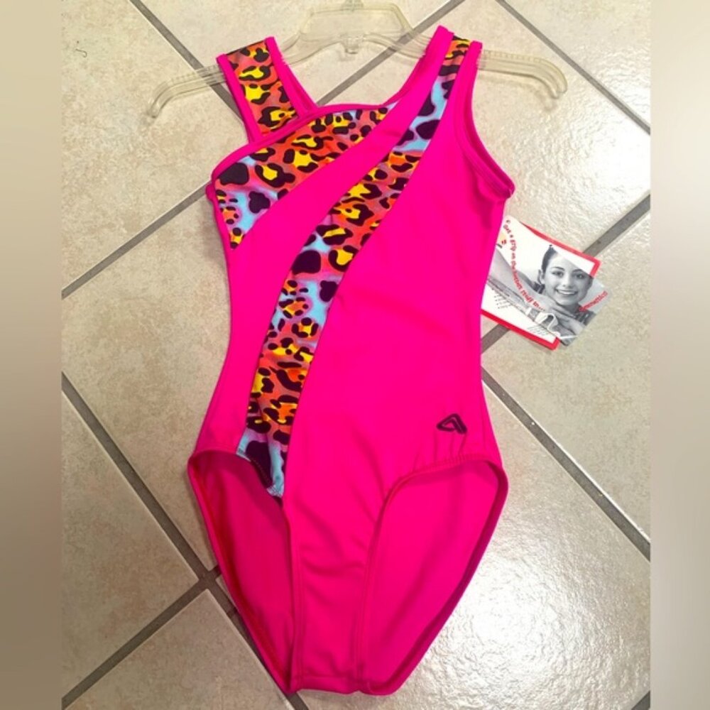 Adult M Alpha Factor Pink Animal Print  Gymnastics or Dance Leotard Bodysuit NWT